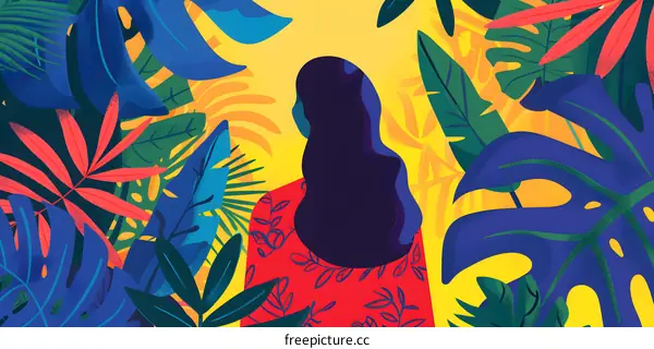 Woman in Jungle of Vivid Tropical Plants