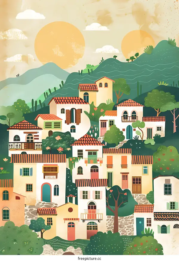 Charming Village Illustration with Houses, Mountains and Sun