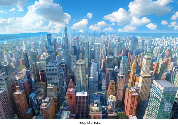 American City Skyline with Skyscrapers and River