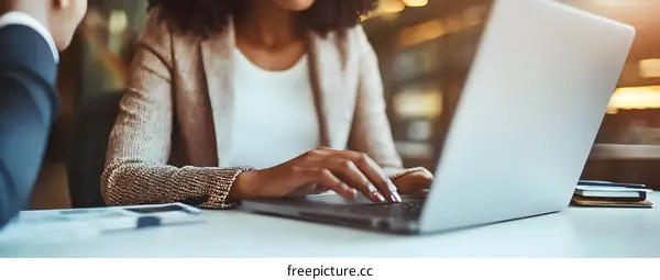 African American Businesswoman Typing on Laptop in Office