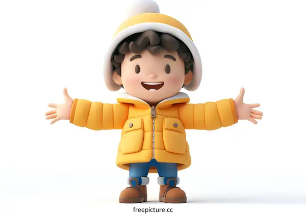 3D rendering of a happy cartoon boy wearing a yellow winter coat and blue jeans