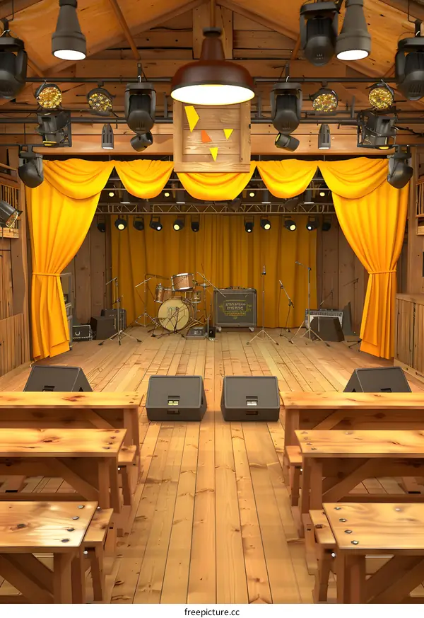 Wooden Stage with Yellow Curtains and Lights
