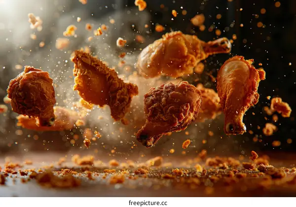 Crispy Fried Chicken Pieces in Motion