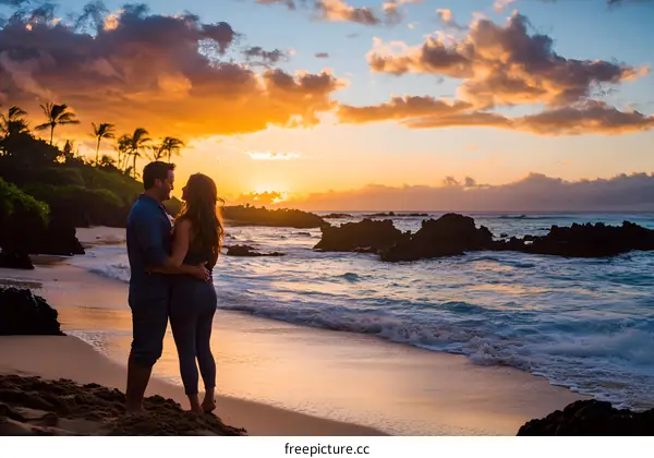 Couple in Love Watching Sunset on Beach