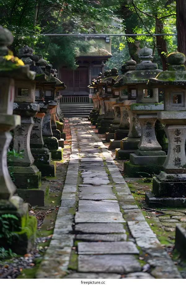 Stone lanterns in a forest