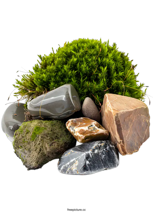 [Transparent Background PNG]Green Moss with Smooth Stones on White Background