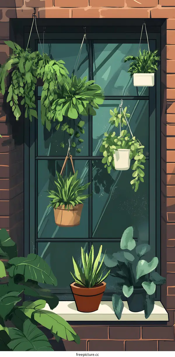 Green Plants Hanging From Windowsill