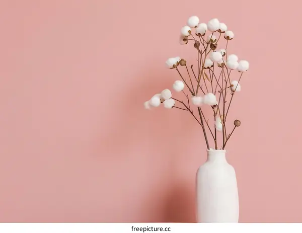 White Cotton Branch in a White Vase on Pink Background