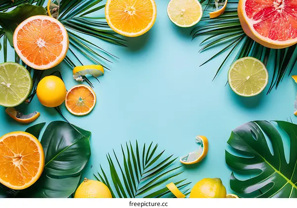 Tropical Fruits and Green Leaves on Blue Background