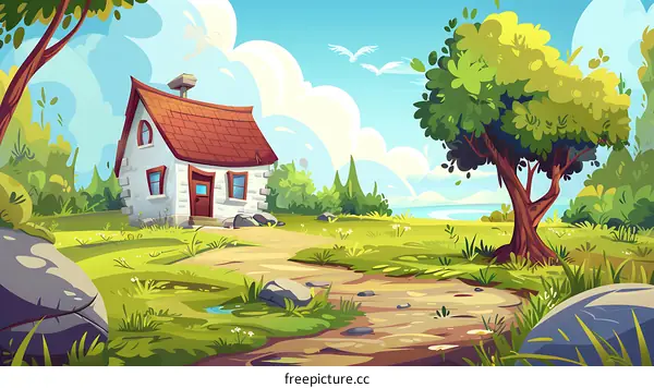 Cartoon Illustration of a House in the Countryside with Green Trees and a Dirt Road