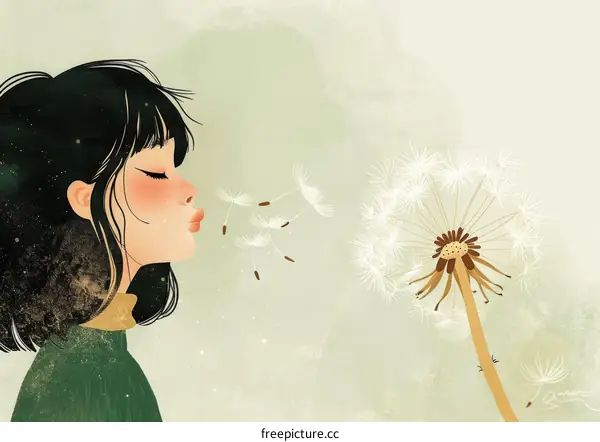 Young lady blowing dandelion seeds