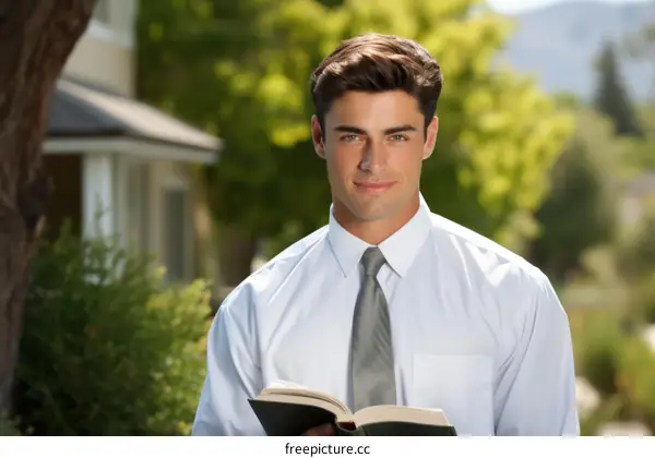 Portrait of a young male missionary smiling in front of a house
