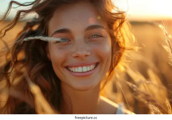 Smiling Woman in a Wheat Field at Golden Hour