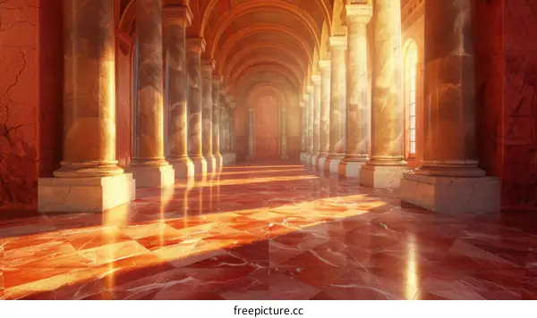 Grand Marble Hallway with Red Floor and White Columns