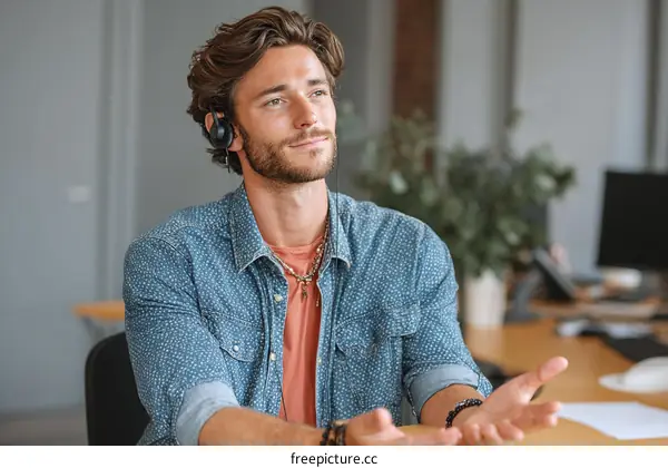 Caucasian Man Wearing Headset in Office