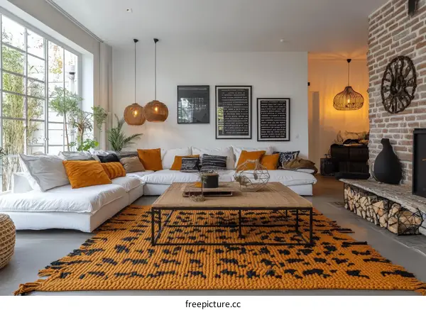 Modern Living Room with Orange and Black Rug