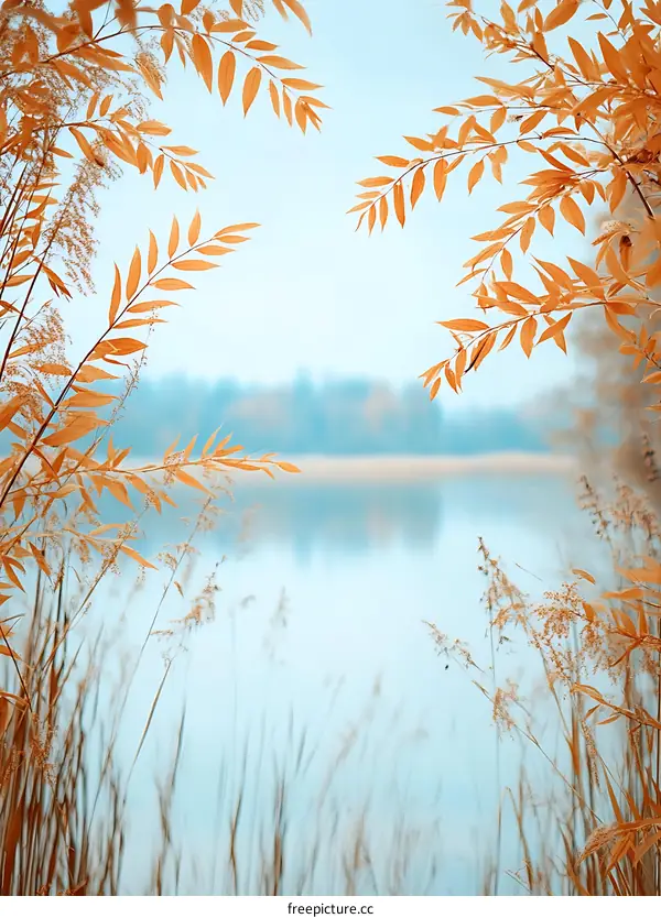 Golden Leaves Framing Calm Water