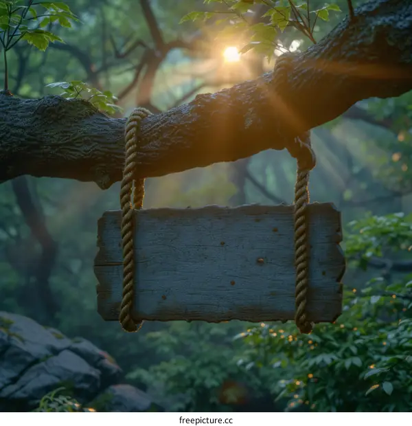 Wooden sign hanging from a tree branch in the forest