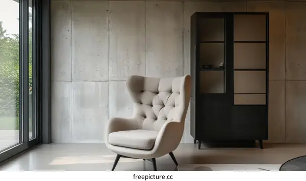 Modern Living Room with Concrete Wall and Black Cabinet