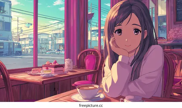 A Young Woman Sits in a Pastel Cafe with a View of a Town