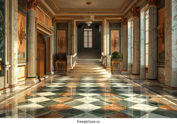 Ornate Palace Hallway with Marble Floors and Columns