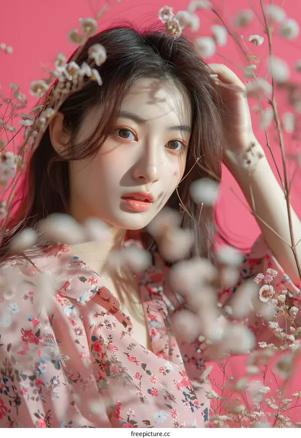 Young Asian Woman In Pink Floral Shirt Posing With Flowers
