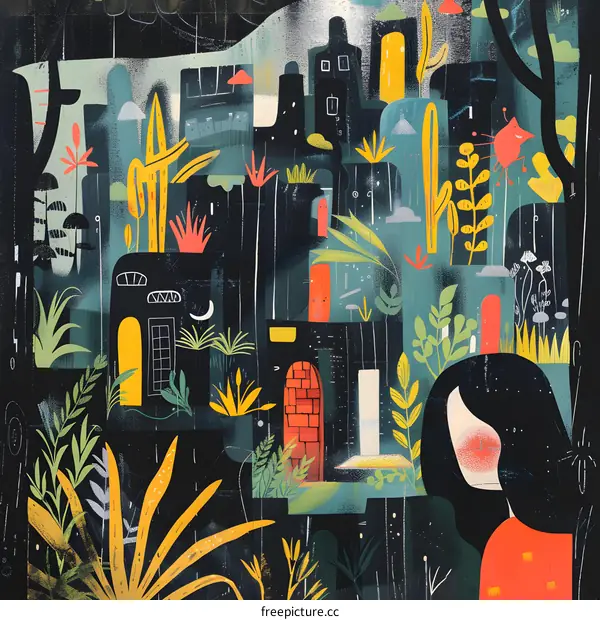 Abstract Illustration Of A Woman In A City With Plants