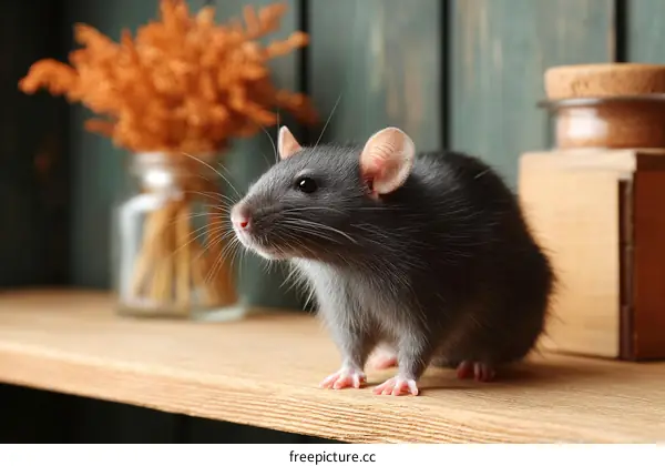 Cute Grey Rat on Wooden Shelf