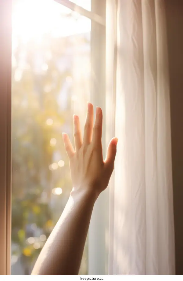 Hand reaching out to the morning sunlight through the window