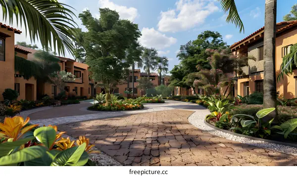 Tropical Resort Courtyard with Palm Trees and Stone Path