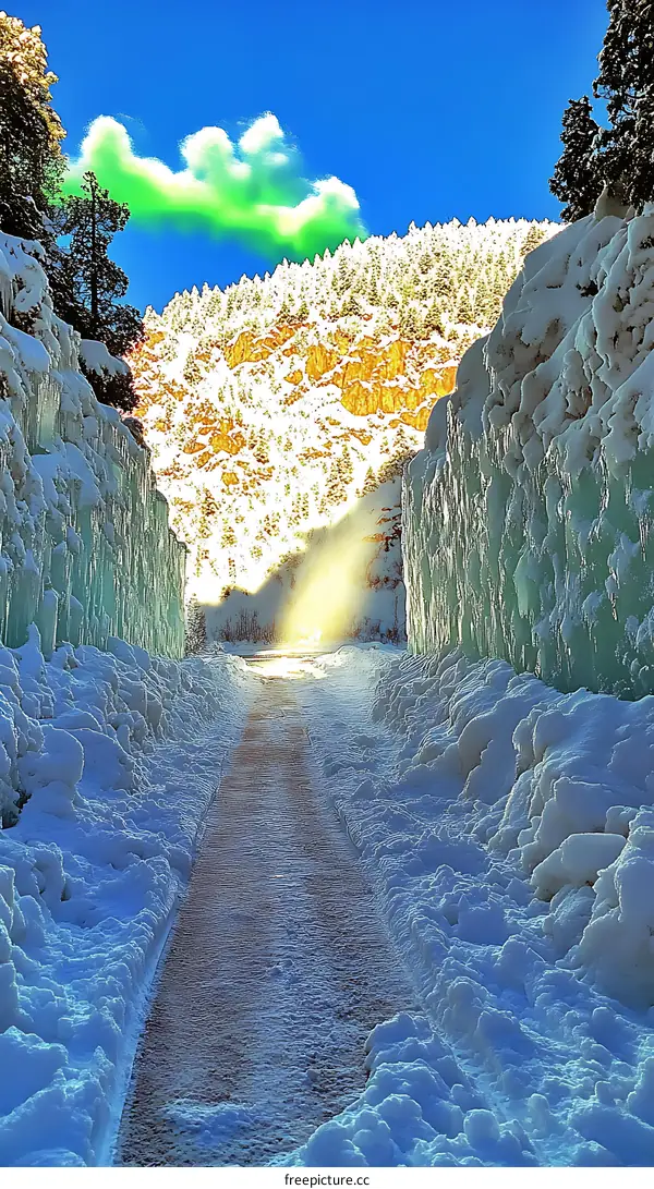 Snowy Path Through Frozen Waterfall in Mountain