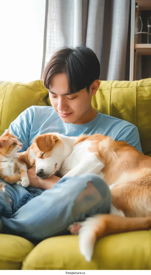 A young man is sitting on a couch with a cat and a dog