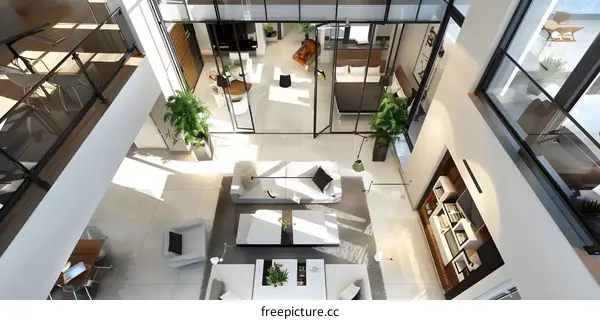 Modern Interior Design of an Open Concept Living Room with a High Ceiling and Large Windows