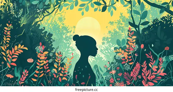 Woman Silhouette in Lush Green Nature