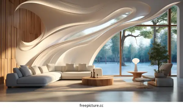 The organic interior design of the living room with a huge window