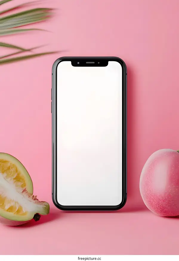 Smartphone Mockup with Fruits on Pink Background