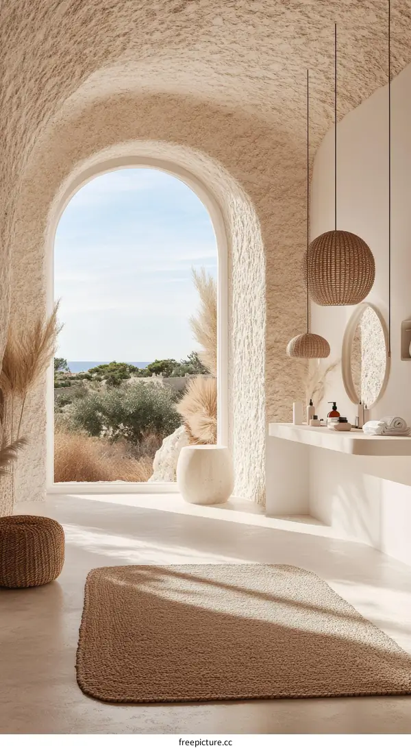 Beige Bathroom Rug with Arch Window View