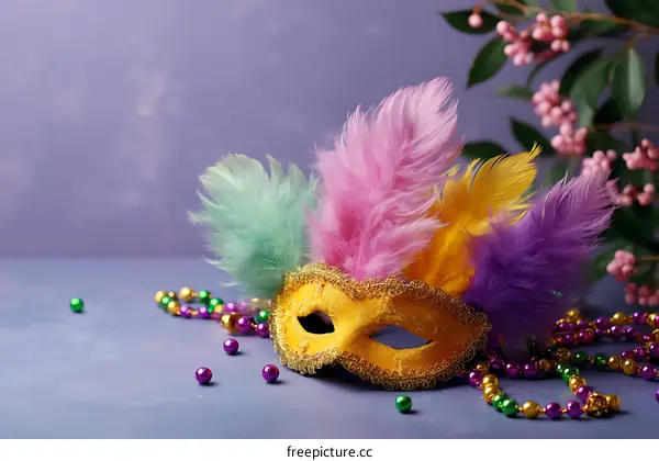 Colorful Carnival Mask and Beads on a Purple Background