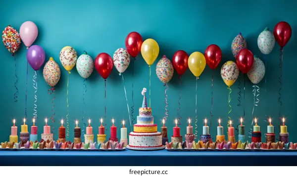 A table full of birthday cakes and balloons