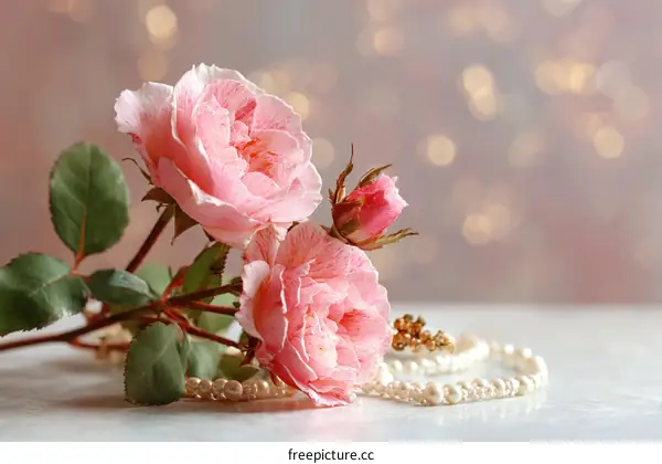 Pink Roses with Pearls and Soft Lighting