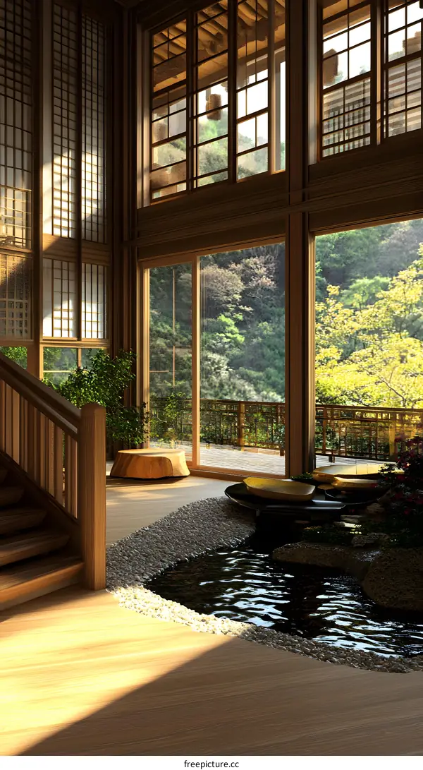Japanese Style House Interior Design with Wooden Stairs and Garden View