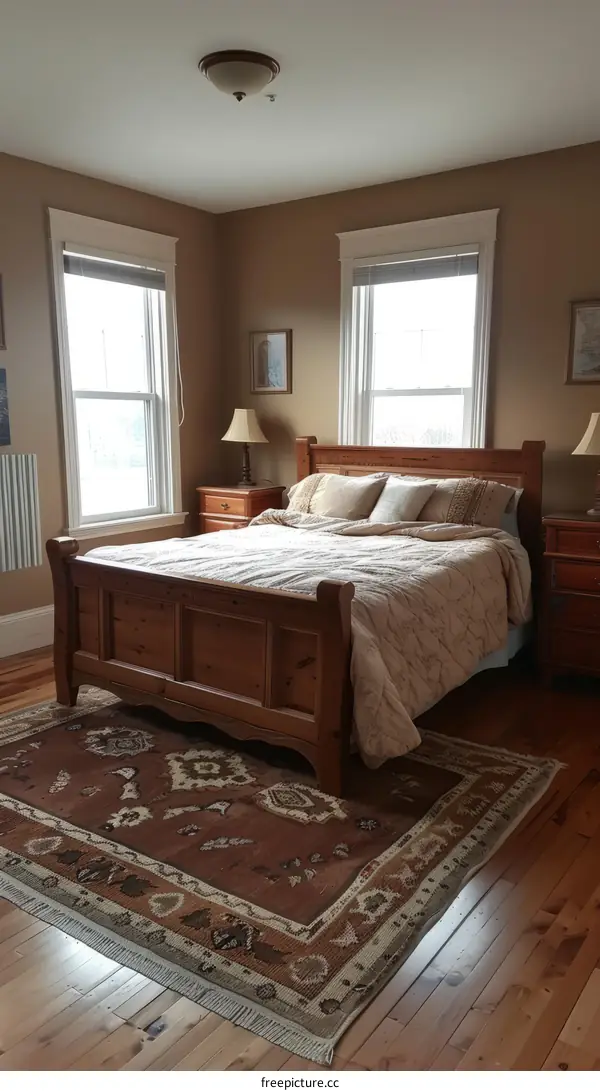 Spacious Bedroom with Large Bed, Windows, and Carpet