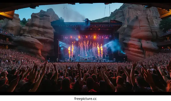 Rock concert at Red Rocks Amphitheatre with a large crowd