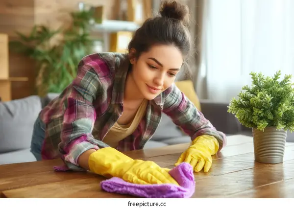 Woman Cleaning Wooden Table at Home