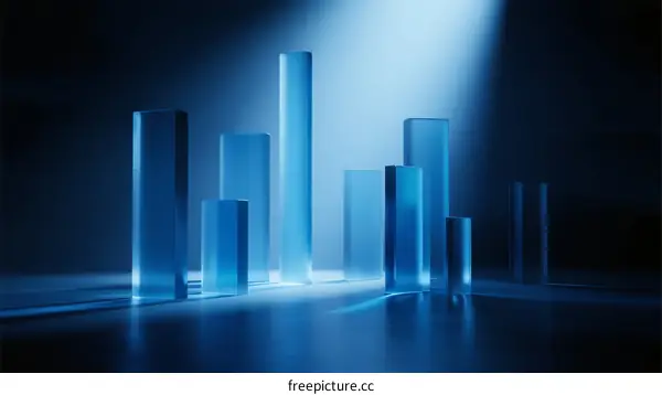 Blue Glass Columns with Dramatic Lighting in Studio Setting