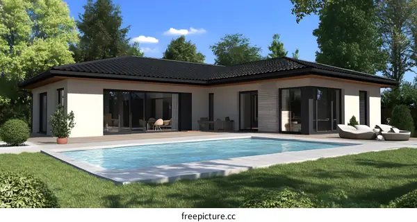 Modern House with Pool and Lawn