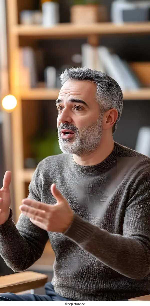 Mature Man with Grey Hair and Beard Talking While Gesturing with his Hands