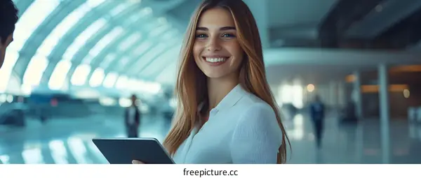 Smiling Businesswoman Holding a Tablet in Modern Office