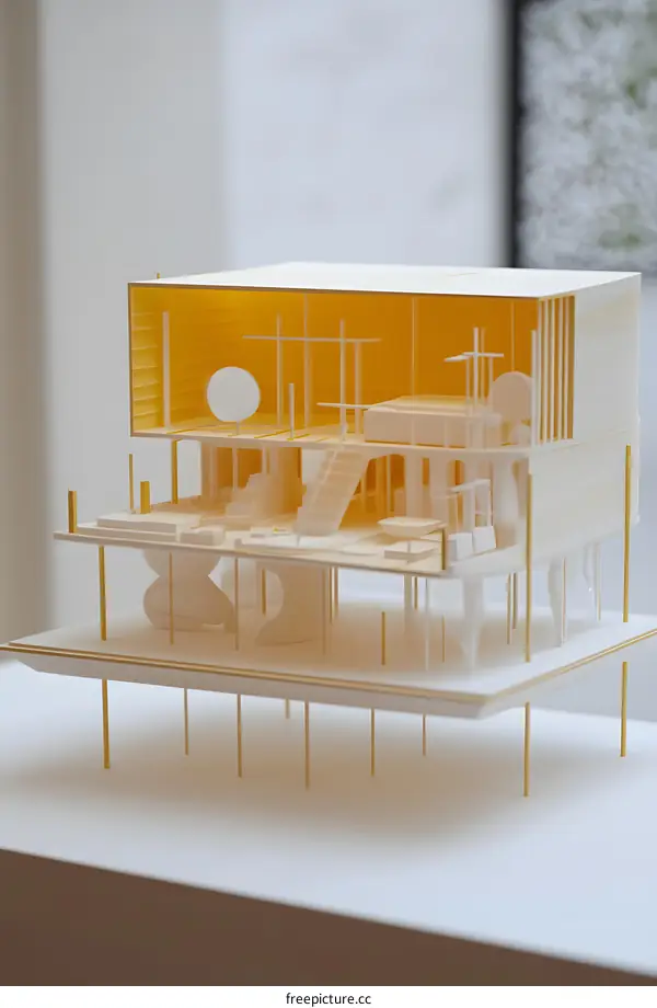 White Architectural Model with Yellow Supports