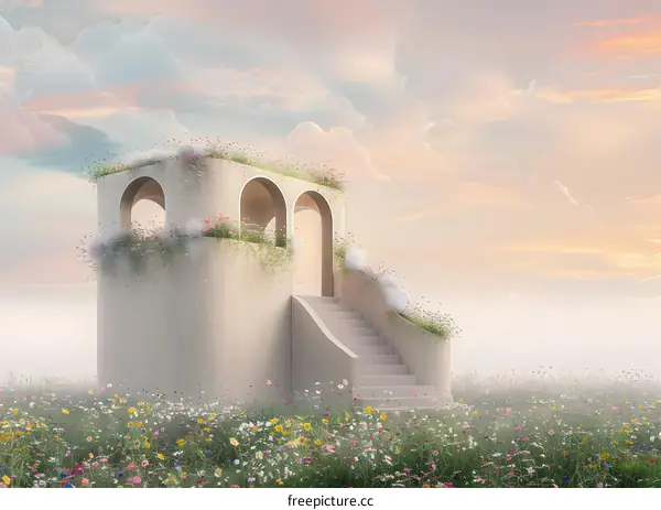 Minimalist Architecture In A Field Of Flowers With A Pink Sunset Sky